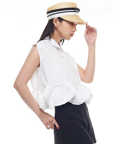 Narcissus(ナルシス)の「【Narcissus】フリルペプラムシャツ トップス ブラウス ノースリーブ(シャツ/ブラウス・レディース・ホワイト/ブラック・FREE)」の3枚目の写真