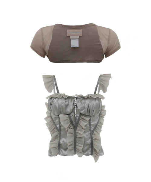 oddoneout(オッドワンアウト)の「COLORED MESH SHIRRING TOP&BOLERO GRAY(Tシャツ/カットソー・レディース・その他・FREE)」の1枚目の写真