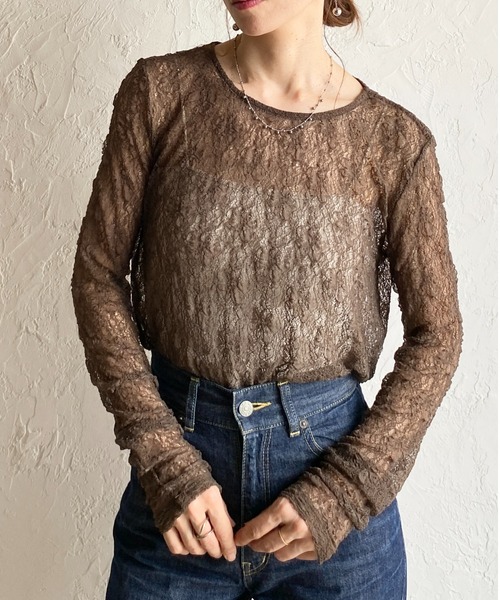 She's Closet(シーズクローゼット)の「長袖クルーネック透かし編みストレッチレースシアートップス(Tシャツ/カットソー・レディース・ブラック/ホワイト/ブラウン/アイボリー・FREE)」の4枚目の写真