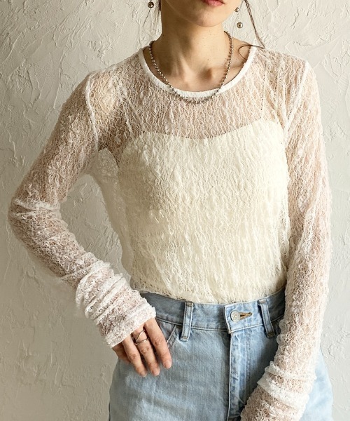 She's Closet(シーズクローゼット)の「長袖クルーネック透かし編みストレッチレースシアートップス(Tシャツ/カットソー・レディース・ブラック/ホワイト/ブラウン/アイボリー・FREE)」の1枚目の写真