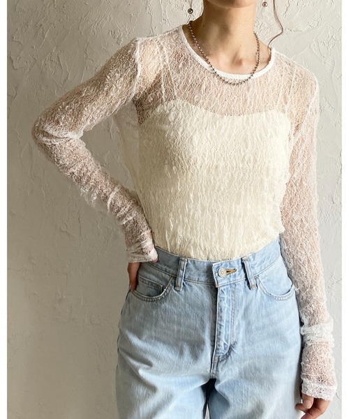 She's Closet(シーズクローゼット)の「長袖クルーネック透かし編みストレッチレースシアートップス(Tシャツ/カットソー・レディース・ブラック/ホワイト/ブラウン/アイボリー・FREE)」の5枚目の写真
