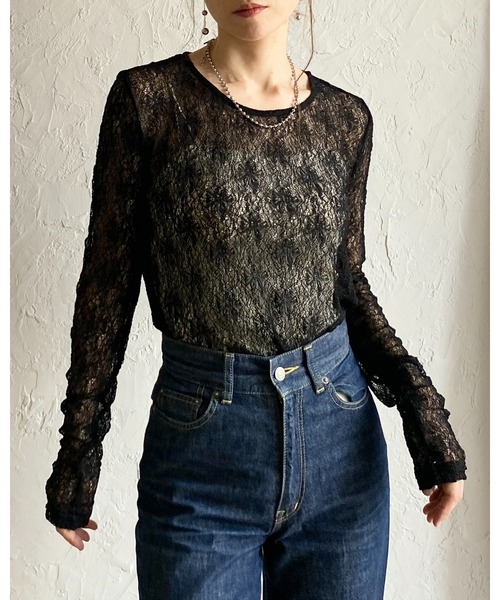 She's Closet(シーズクローゼット)の「長袖クルーネック透かし編みストレッチレースシアートップス(Tシャツ/カットソー・レディース・ブラック/ホワイト/ブラウン/アイボリー・FREE)」の11枚目の写真