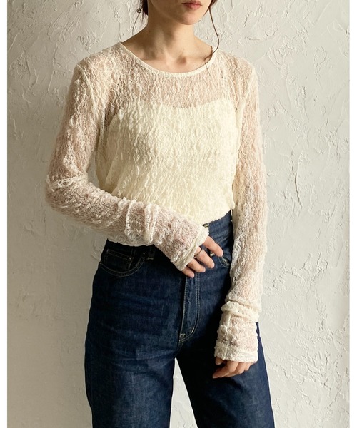 She's Closet(シーズクローゼット)の「長袖クルーネック透かし編みストレッチレースシアートップス(Tシャツ/カットソー・レディース・ブラック/ホワイト/ブラウン/アイボリー・FREE)」の12枚目の写真