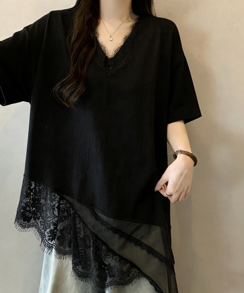 witch（ウイッチ）の「アシンメトリー裾レースTシャツ（Tシャツ/カットソー・レディース・ブラック/ホワイト・FREE）」の8枚目の写真