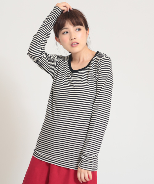 CUBE SUGAR（キューブシュガー）の「32/-ショートスラブ 先染めボーダー クルーネック長袖（Tシャツ/カットソー・レディース・ブラック/その他/トップグレー/ネイビー/その他1/その他2・M）」の2枚目の写真