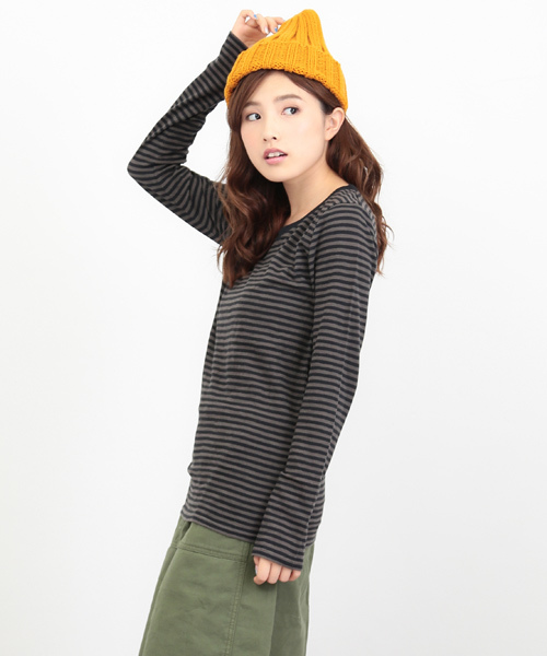 CUBE SUGAR（キューブシュガー）の「32/-ショートスラブ 先染めボーダー クルーネック長袖（Tシャツ/カットソー・レディース・ブラック/その他/トップグレー/ネイビー/その他1/その他2・M）」の15枚目の写真