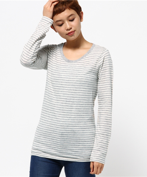 CUBE SUGAR（キューブシュガー）の「32/-ショートスラブ 先染めボーダー クルーネック長袖（Tシャツ/カットソー・レディース・ブラック/その他/トップグレー/ネイビー/その他1/その他2・M）」の3枚目の写真