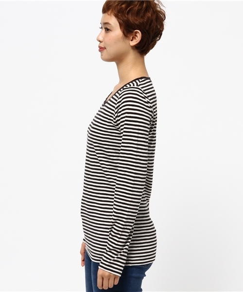 CUBE SUGAR（キューブシュガー）の「32/-ショートスラブ 先染めボーダー クルーネック長袖（Tシャツ/カットソー・レディース・ブラック/その他/トップグレー/ネイビー/その他1/その他2・M）」の8枚目の写真