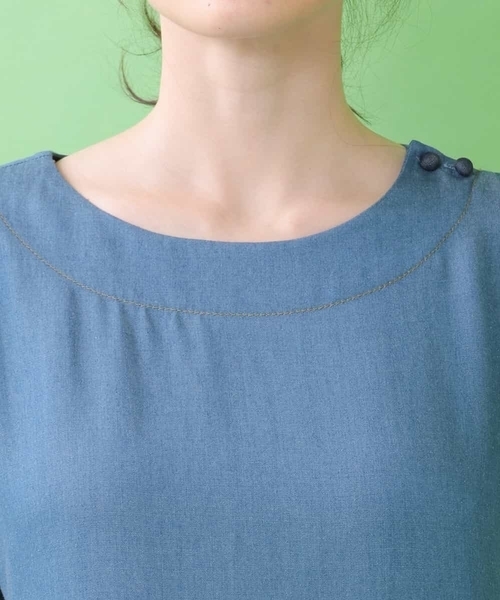 【美品】Jocomomola ホコモモラ テンセルデニム配色ワンピース Jocomomola（ホコモモラ）の「テンセルデニム配色ワンピース