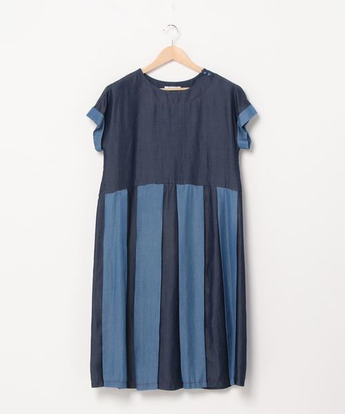 【美品】Jocomomola ホコモモラ テンセルデニム配色ワンピース Jocomomola（ホコモモラ）の「テンセルデニム配色ワンピース