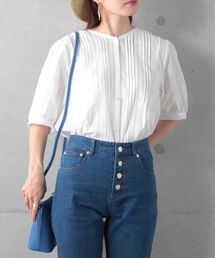 レース×ドビー半袖ブラウス