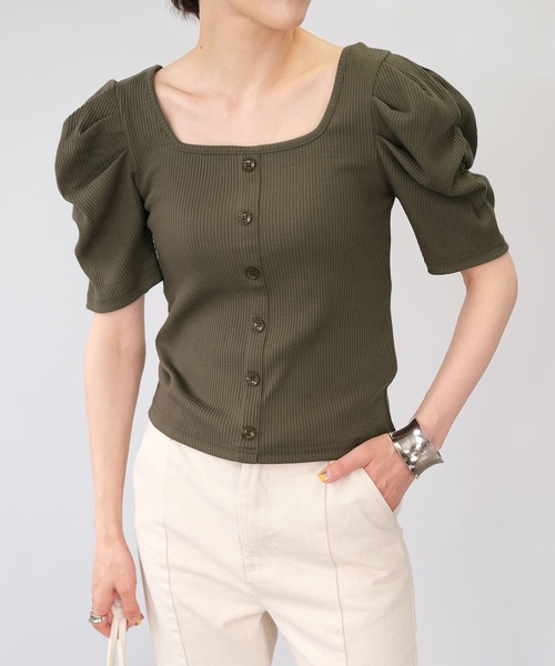 ＡＮＤＪ（アンドジェイ）の「パワーショルダースクエアネックテレコTシャツ（Tシャツ/カットソー・レディース・モカ/ブラック/カーキ/オフホワイト・M）」の4枚目の写真