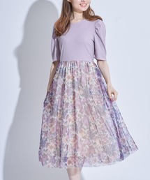 tocco closet | リブカットソー×チュールフラワープリントドッキングワンピース(ワンピース)