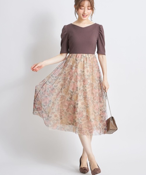 大感謝セール リブカットソー チュールフラワープリントドッキングワンピースお求めやすく価格改定