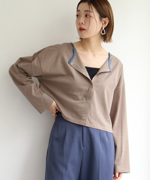 notch.（ノッチ）の「細ボーダー2WAYショートカーデ（カーディガン/ボレロ・レディース・スカイブルー/ブルー/ベージュ/ミント・M）」の2枚目の写真