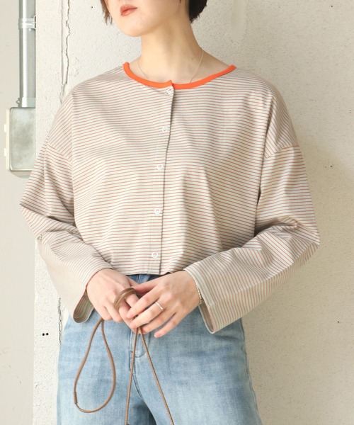 notch.（ノッチ）の「細ボーダー2WAYショートカーデ（カーディガン/ボレロ・レディース・スカイブルー/ブルー/ベージュ/ミント・M）」の3枚目の写真