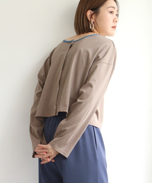 notch.（ノッチ）の「細ボーダー2WAYショートカーデ（カーディガン/ボレロ・レディース・スカイブルー/ブルー/ベージュ/ミント・M）」の5枚目の写真
