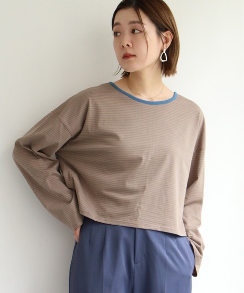 notch.（ノッチ）の「細ボーダー2WAYショートカーデ（カーディガン/ボレロ・レディース・スカイブルー/ブルー/ベージュ/ミント・M）」の6枚目の写真