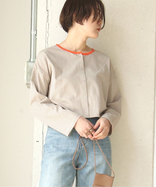 notch.（ノッチ）の「細ボーダー2WAYショートカーデ（カーディガン/ボレロ・レディース・スカイブルー/ブルー/ベージュ/ミント・M）」の7枚目の写真