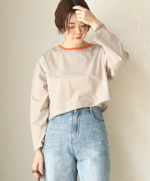 notch.（ノッチ）の「細ボーダー2WAYショートカーデ（カーディガン/ボレロ・レディース・スカイブルー/ブルー/ベージュ/ミント・M）」の8枚目の写真