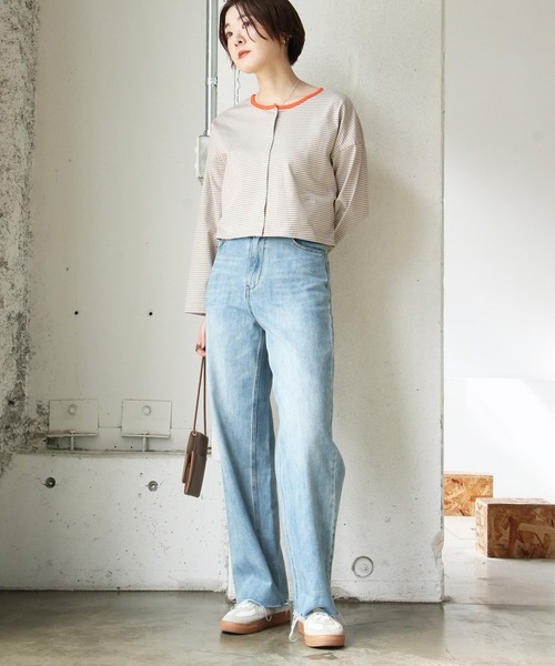 notch.（ノッチ）の「細ボーダー2WAYショートカーデ（カーディガン/ボレロ・レディース・スカイブルー/ブルー/ベージュ/ミント・M）」の9枚目の写真