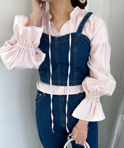 archives（アルシーヴ）の「ストライプフリルリボン２ｗａｙブラウス（シャツ/ブラウス・レディース・ネイビー/ピンク/ミント・MEDIUM）」の6枚目の写真