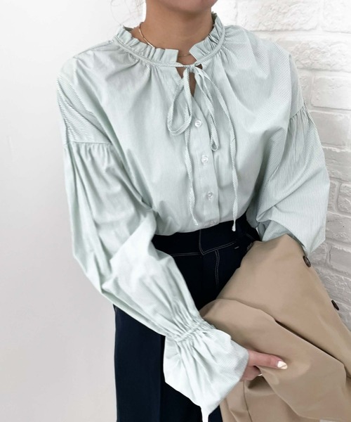 archives（アルシーヴ）の「ストライプフリルリボン２ｗａｙブラウス（シャツ/ブラウス・レディース・ネイビー/ピンク/ミント・MEDIUM）」の13枚目の写真