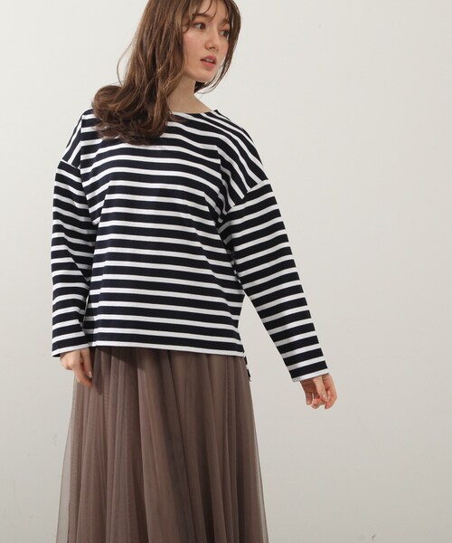 DRESKIP（ドレスキップ）の「◆ボーダーボートネックプルオーバー（Tシャツ/カットソー・レディース・グリーン系3/ネイビー系2/ピンク系/ホワイト系5・02/03/04）」の12枚目の写真