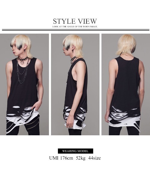 CIVARIZE(シヴァーライズ)の「『CIVARIZE/シヴァーライズ』裾クラッシュ加工フェイクレイヤードタンクトップ(タンクトップ・メンズ・マルチ/ブラック×ホワイト/ブラック×レッド/ブラック×ブルー・M/L)」の12枚目の写真