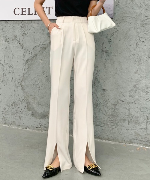 セール】スリットセンタープレスセミワイドパンツ（スラックス