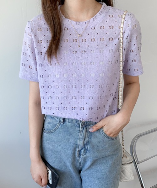 Diosfront(ディオスフロント)の「カットレースクルーネックトップス(Tシャツ/カットソー・レディース・ブラック/ベージュ/パープル/ホワイト・M/L)」の15枚目の写真