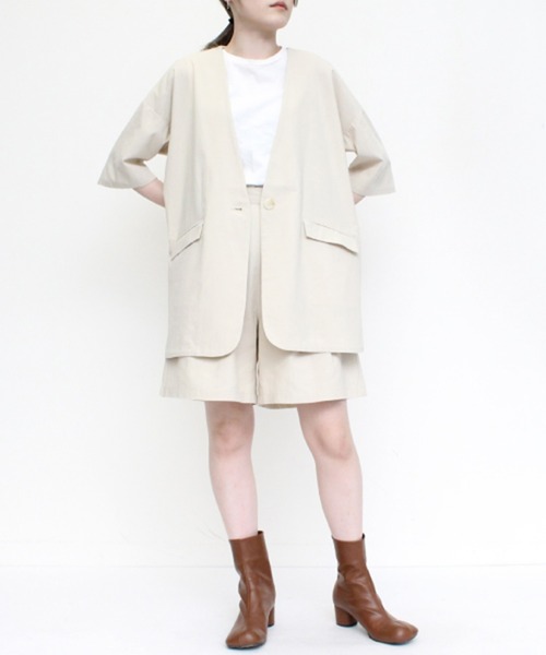 STYLEBLOCK(スタイルブロック)の「リネンタッチスラブオフラインジャケット(ノーカラージャケット・レディース・ベージュ/ブラック/ホワイト系その他・M)」の10枚目の写真