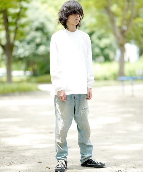 THE MILES（ザ マイルズ）の「AGITATOR アジテーター ビッグTシャツ ルーズＴ BIGTシャツ 無地T 長袖T ロンT（Tシャツ/カットソー・メンズ・ホワイト/ブラック・MEDIUM/LARGE）」の4枚目の写真