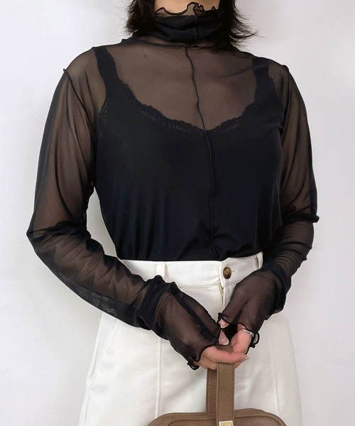 179/WG（イチナナキュウダブルジー）の「シアーメッシュタートルインナー（Tシャツ/カットソー・レディース・グリーン/ピンク/オフホワイト/ブルー/ブラウン/ブラック/サックスブルー/ピンクベージュ・FREE）」の3枚目の写真