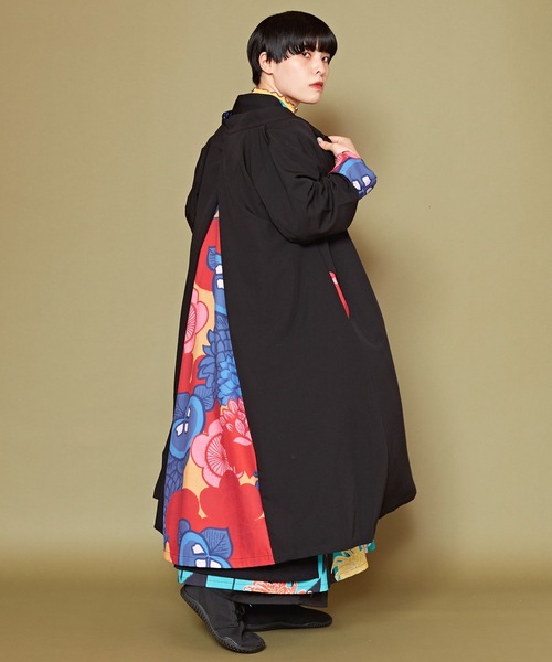 【未使用】倭物やカヤ 花ざかり 八掛 羽織 花柄 ライトアウター 黒 カヤ コート アウター 「カヤ」花よせ八掛長羽織 レディース