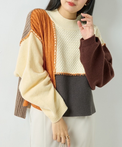 OMNES（オムネス）の「クレイジーパターンブロッキングニット（ニット/セーター・レディース・ブルー/グリーン/オレンジ・FREE）」の3枚目の写真