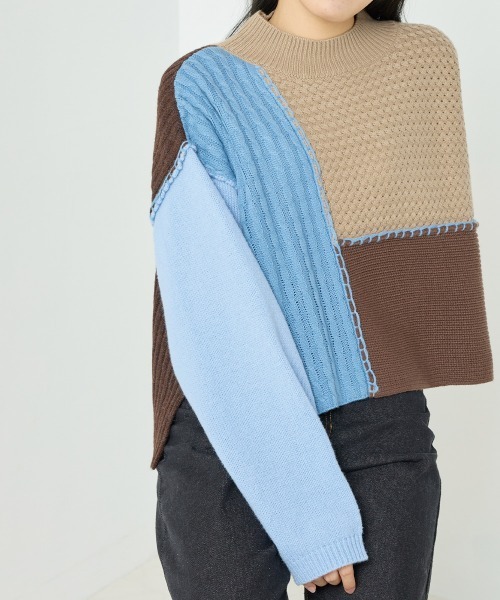 OMNES（オムネス）の「クレイジーパターンブロッキングニット（ニット/セーター・レディース・ブルー/グリーン/オレンジ・FREE）」の4枚目の写真