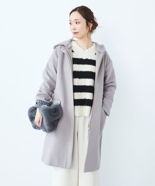 le.coeur blanc（ルクールブラン）の「ウールブレンドフード＆ノーカラーコート（ノーカラーコート・レディース・ライトグレー/ダークグレー/アイボリー・36/38）」の3枚目の写真