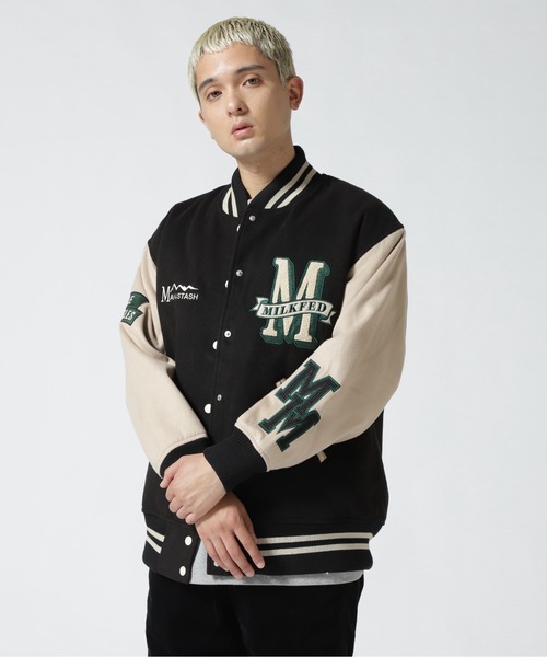 MILKFED.(ミルクフェド)の「MILKFED. × MANASTASH /ミルクフェド×マナスタッシュ SPECIAL STADIUM JUMPER VARSITY JACKET バーシティージャケット スペシャルスタジアムジャンパー(スタジャン・レディース・ブラック/グリーン・MEDIUM/LARGE)」の4枚目の写真