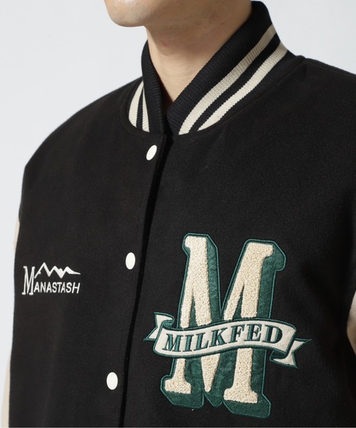 MILKFED.(ミルクフェド)の「MILKFED. × MANASTASH /ミルクフェド×マナスタッシュ SPECIAL STADIUM JUMPER VARSITY JACKET バーシティージャケット スペシャルスタジアムジャンパー(スタジャン・レディース・ブラック/グリーン・MEDIUM/LARGE)」の9枚目の写真
