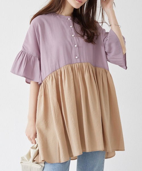 LAVEANGE（ラビアンジェ）の「ギャザーフレアチュニックブラウス（シャツ/ブラウス・レディース・ネイビー/ブラウン/ブラック/オフホワイト/ブルー/パープル/ブルーグレー/イエロー/スミクロ・M/LL/3L/4L/5L）」の18枚目の写真