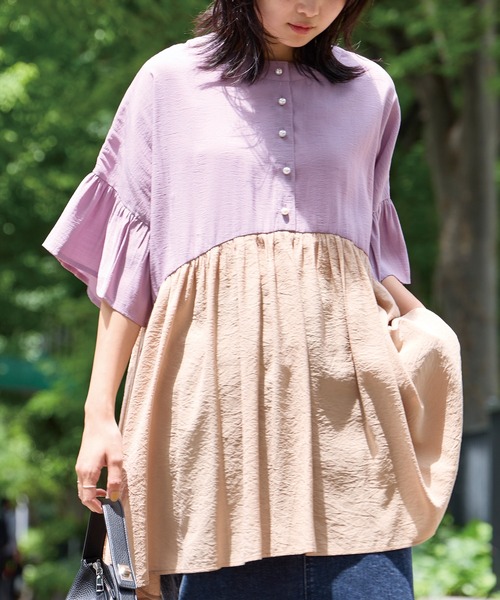 LAVEANGE（ラビアンジェ）の「ギャザーフレアチュニックブラウス（シャツ/ブラウス・レディース・ネイビー/ブラウン/ブラック/オフホワイト/ブルー/パープル/ブルーグレー/イエロー/スミクロ・M/LL/3L/4L/5L）」の13枚目の写真