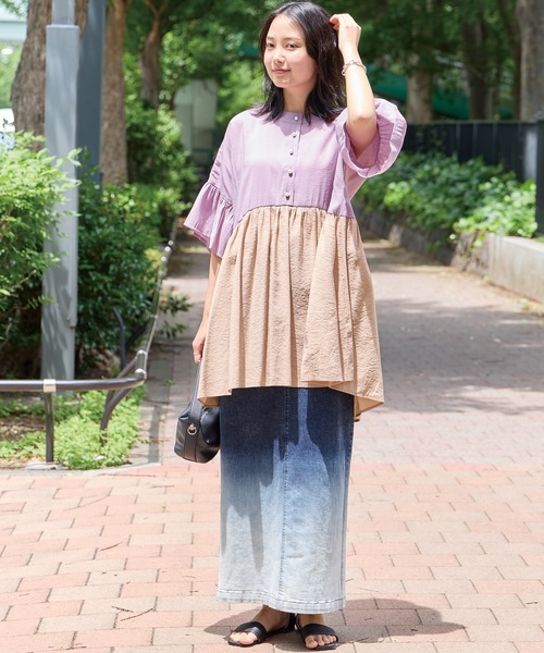 LAVEANGE（ラビアンジェ）の「ギャザーフレアチュニックブラウス（シャツ/ブラウス・レディース・ネイビー/ブラウン/ブラック/オフホワイト/ブルー/パープル/ブルーグレー/イエロー/スミクロ・M/LL/3L/4L/5L）」の14枚目の写真