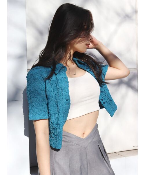 EVRIS（エヴリス）の「シアータイトショートシャツ（シャツ/ブラウス・レディース・ブルー/グリーン/ブラック/ホワイト・FREE）」の4枚目の写真