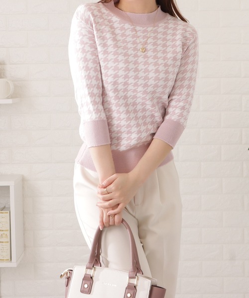 千鳥柄7分袖ニットプルオーバー（シャツ/ブラウス）｜Lace