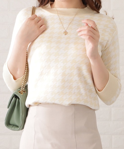 セール】千鳥柄7分袖ニットプルオーバー（シャツ/ブラウス