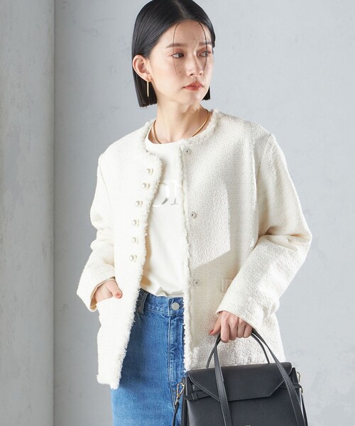 SHIPS（シップス）の「〈セレモニー対応可〉スラブ ツイード ノーカラー ジャケット 24SS（セットアップ対応）◇（ノーカラージャケット・レディース・ネイビー/オフホワイト・38/36）」の6枚目の写真