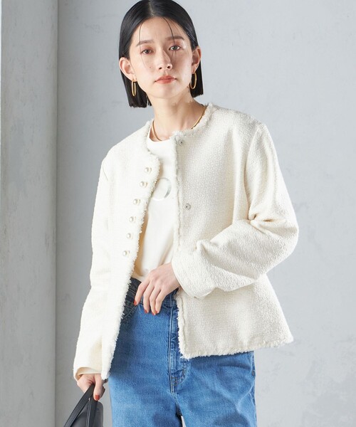 SHIPS（シップス）の「〈セレモニー対応可〉スラブ ツイード ノーカラー ジャケット 24SS（セットアップ対応）◇（ノーカラージャケット・レディース・ネイビー/オフホワイト・38/36）」の7枚目の写真