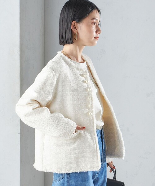 SHIPS（シップス）の「〈セレモニー対応可〉スラブ ツイード ノーカラー ジャケット 24SS（セットアップ対応）◇（ノーカラージャケット・レディース・ネイビー/オフホワイト・38/36）」の8枚目の写真