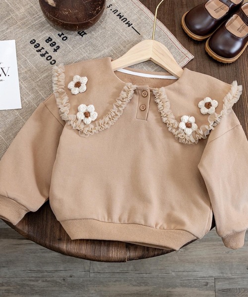 CERCA(チェルカ)の「lulunoix/フリル襟フラワートレーナー N15168(スウェット・キッズ・ブラウン/ホワイト・120cm/110cm/100cm/90cm)」の3枚目の写真